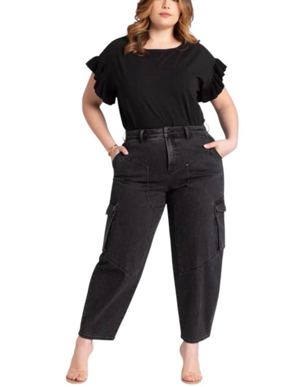 Eloquii Women's Black Ruffle Sleeve Tee Top Size 18/20 Cotton Blend Stretch NWT - Picture 2 of 10